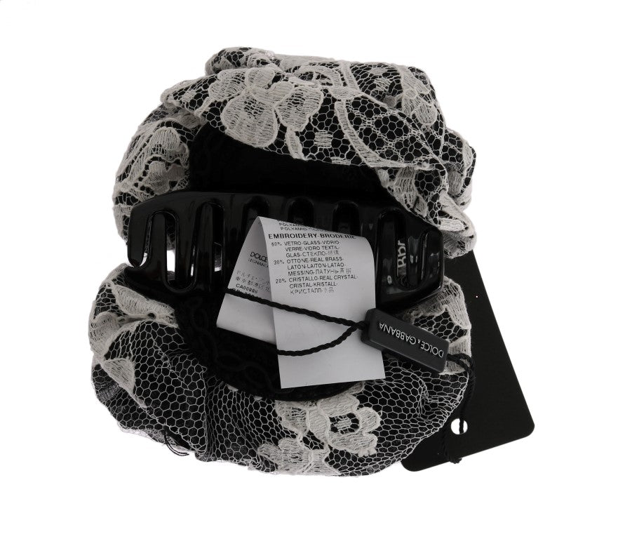 Dolce & Gabbana Black White Floral Lace Crystal Hair Women's Claw
