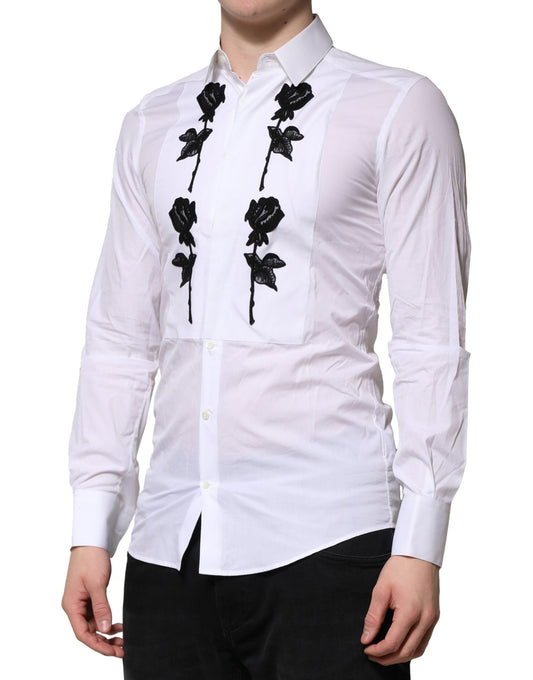 Dolce & Gabbana White Floral Embroidery Men GOLD Formal Men's Shirt ()