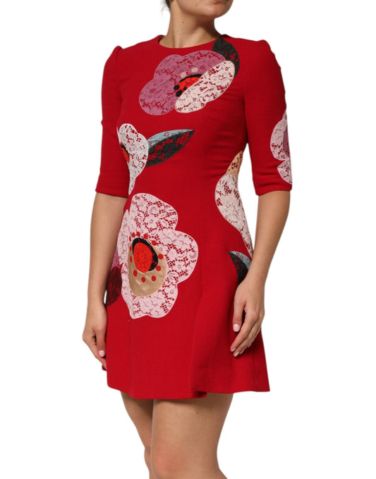 Dolce & Gabbana Red Lace Floral Applique A-line Mini Women's Dress