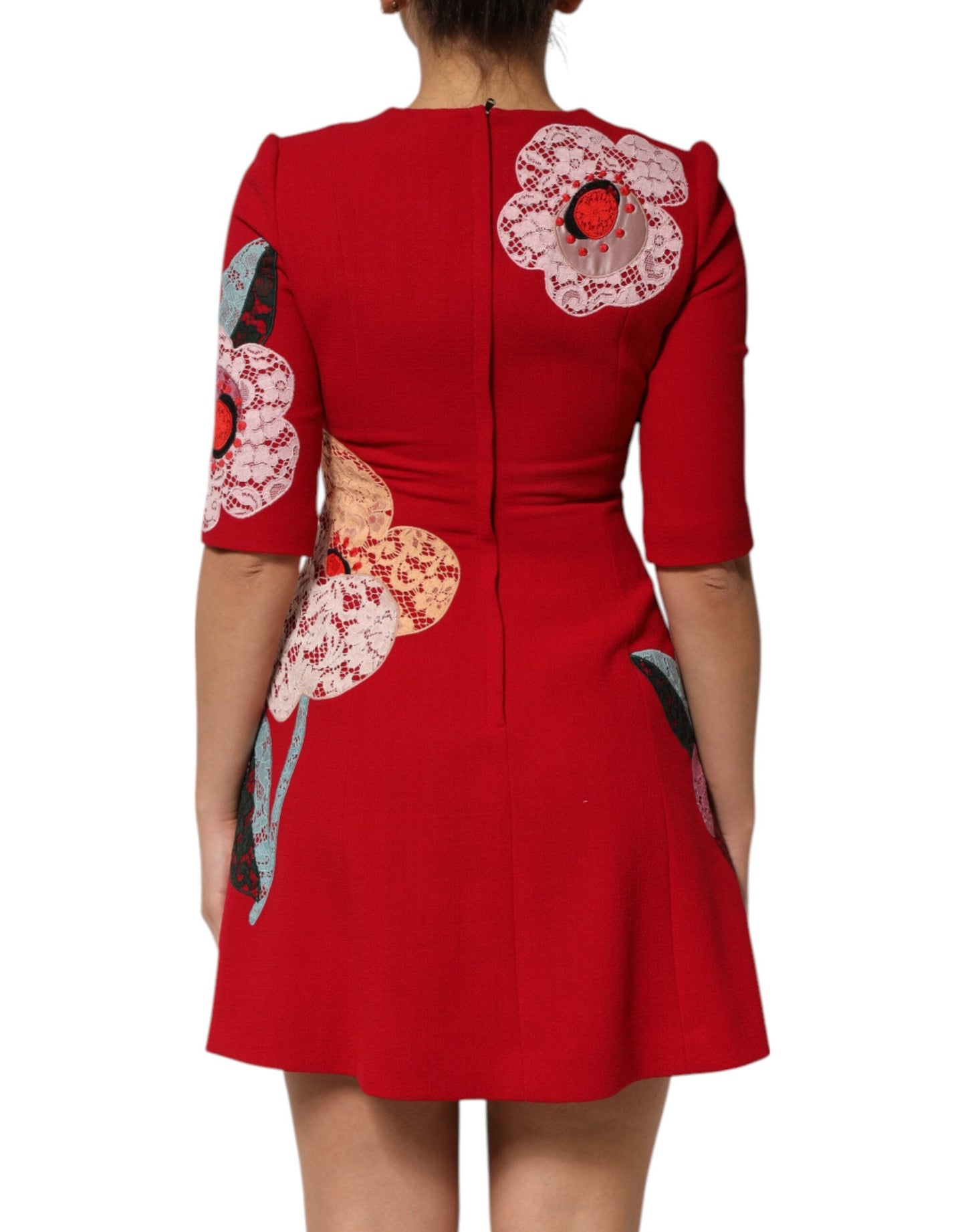 Dolce & Gabbana Red Lace Floral Applique A-line Mini Women's Dress