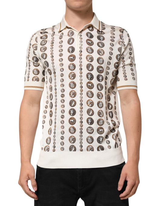 Dolce & Gabbana Silk Ivory Coin Print Logo Men Polo Men's T-shirt