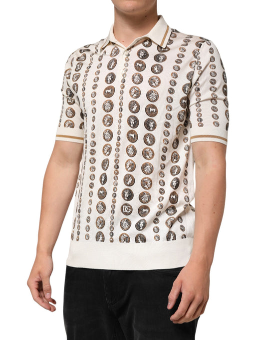 Dolce & Gabbana Silk Ivory Coin Print Logo Men Polo Men's T-shirt