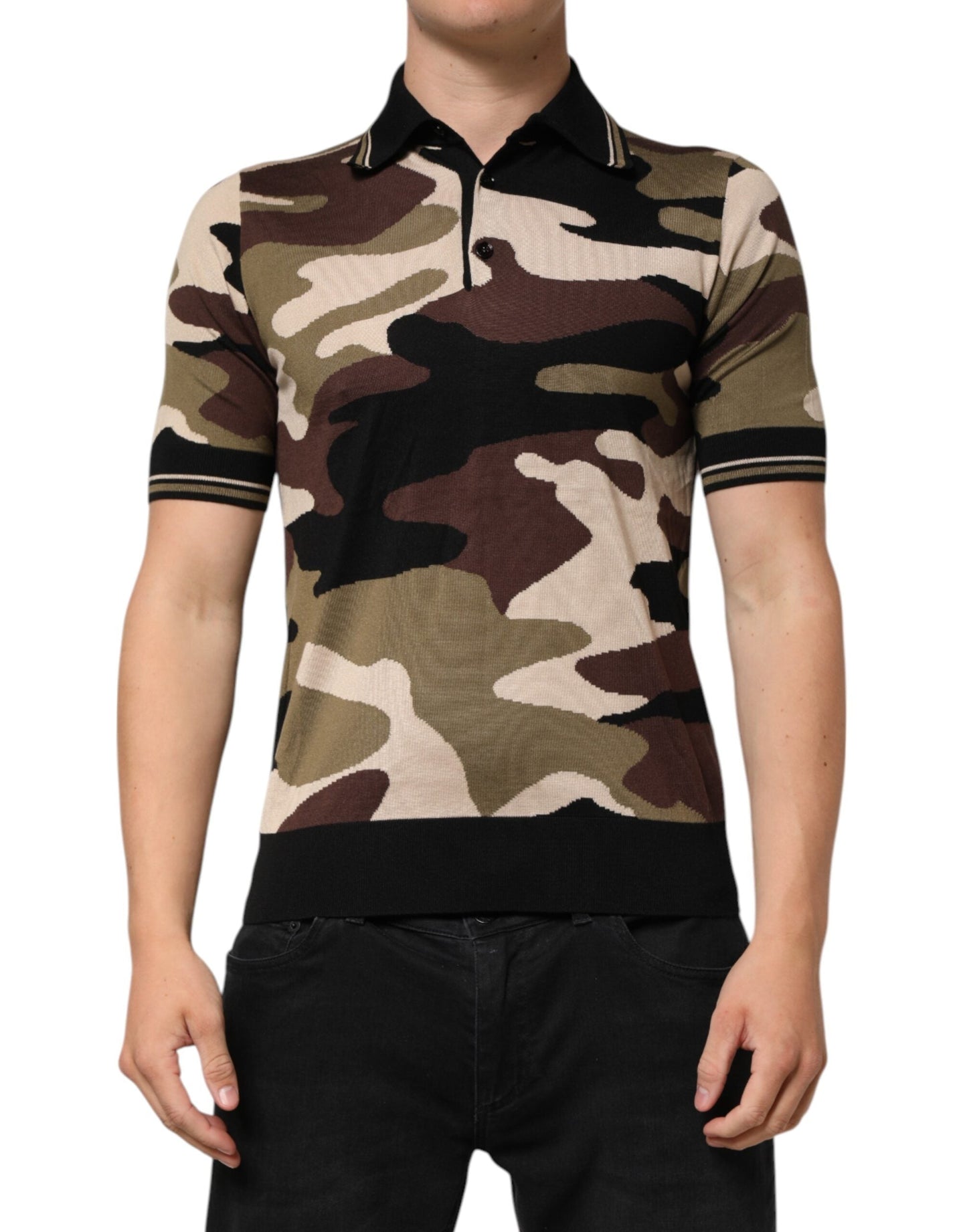 Dolce & Gabbana Camouflage Brown Silk MilitaryPolo Men's T-shirt