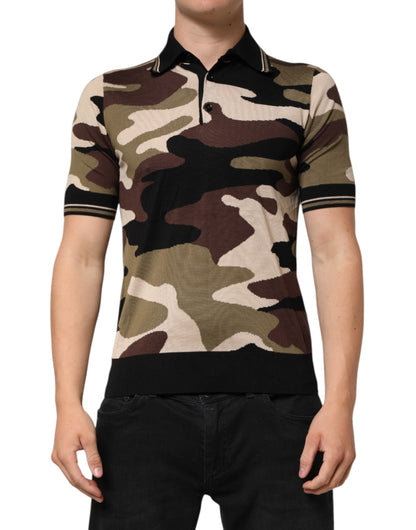 Dolce & Gabbana Camouflage Brown Silk MilitaryPolo Men's T-shirt