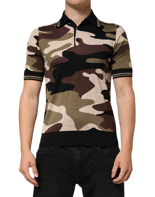 Dolce & Gabbana Camouflage Brown Silk MilitaryPolo Men's T-shirt