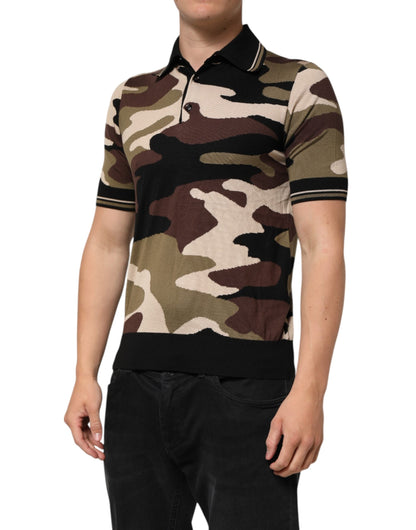 Dolce & Gabbana Camouflage Brown Silk MilitaryPolo Men's T-shirt