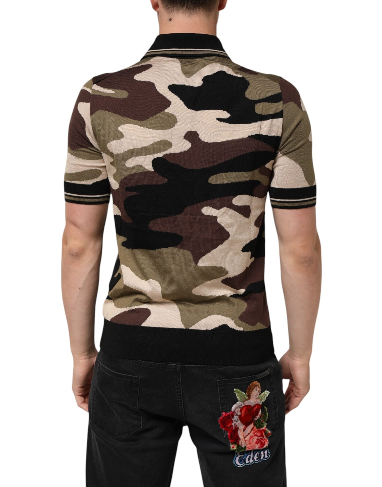 Dolce & Gabbana Camouflage Brown Silk MilitaryPolo Men's T-shirt