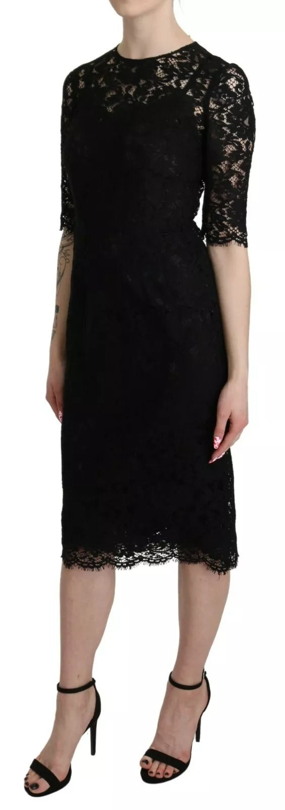 Dolce & Gabbana Black Floral Lace Sheath Knee Length Women's Dress