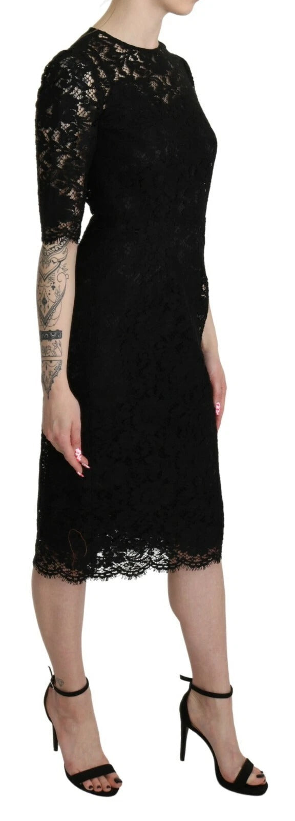 Dolce & Gabbana Black Floral Lace Sheath Knee Length Women's Dress