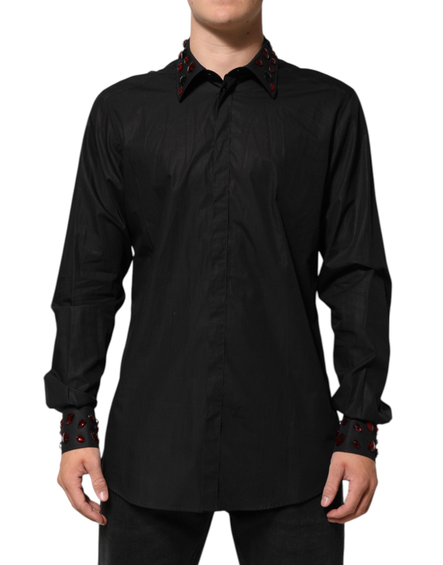 Dolce & Gabbana Black Cotton Embellished Collar Men’s Men's Shirt