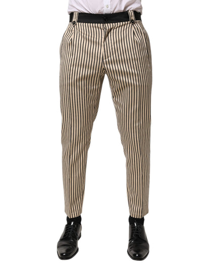 Dolce & Gabbana Beige Black Striped Cotton Slim Fit Trousers Men's Pants