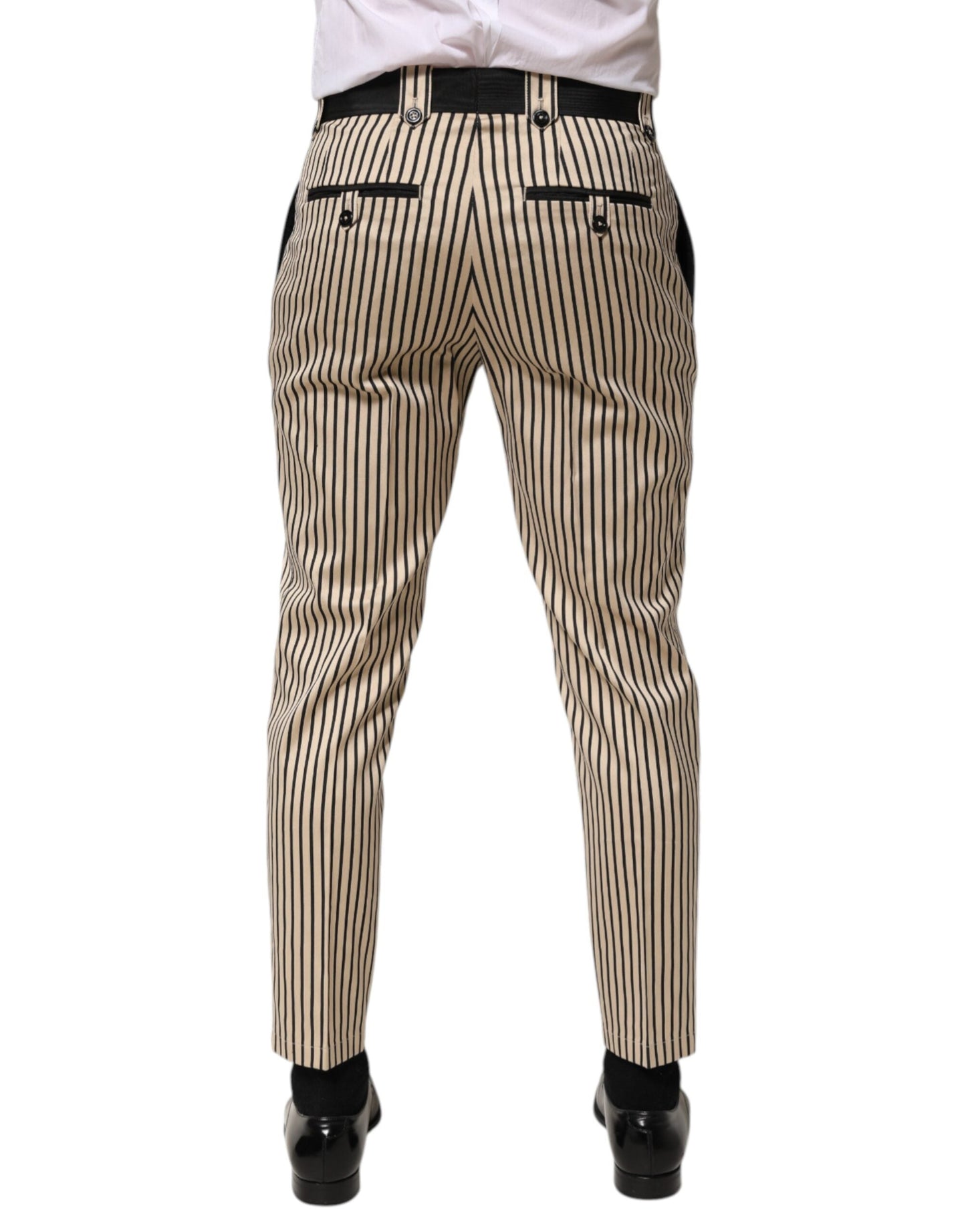 Dolce & Gabbana Beige Black Striped Cotton Slim Fit Trousers Men's Pants
