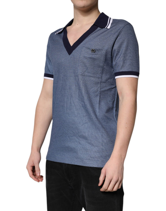 Dolce & Gabbana Blue Collared V-neck Silk Blend Polo Men's T-shirt