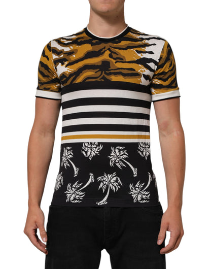 Dolce & Gabbana Multicolor Leopard Palm Leaf Men Crew Neck Men's T-shirt
