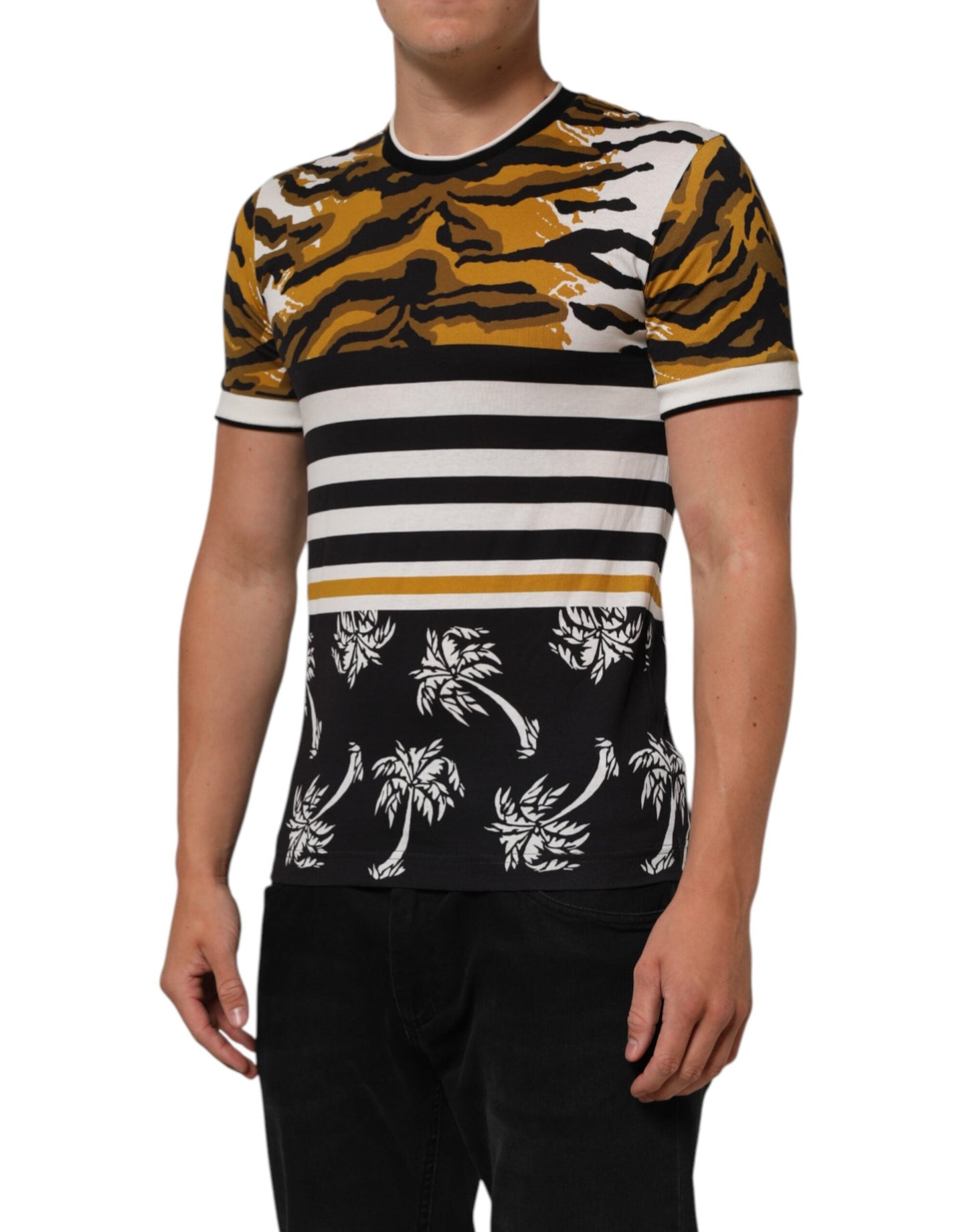 Dolce & Gabbana Multicolor Leopard Palm Leaf Men Crew Neck Men's T-shirt