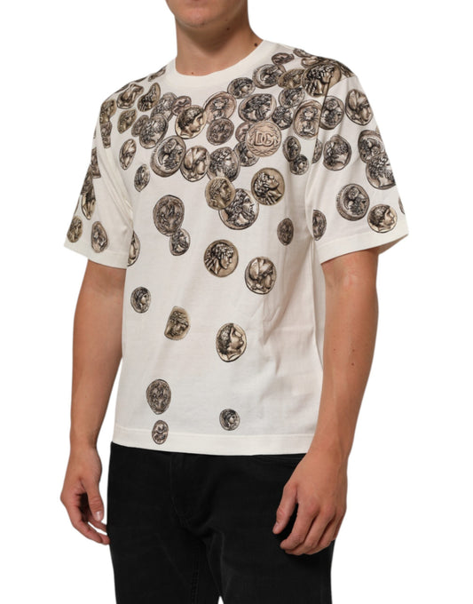 Dolce & Gabbana White Coin Print Cotton Crew Neck Men Men's T-shirt ()