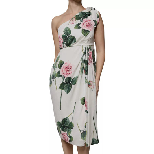 Dolce & Gabbana White Floral Silk One Shoulder Midi Women's Dress ()