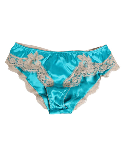 Dolce & Gabbana Blue Silk Satin Floral Lace Trim New Slip Women's Underwear