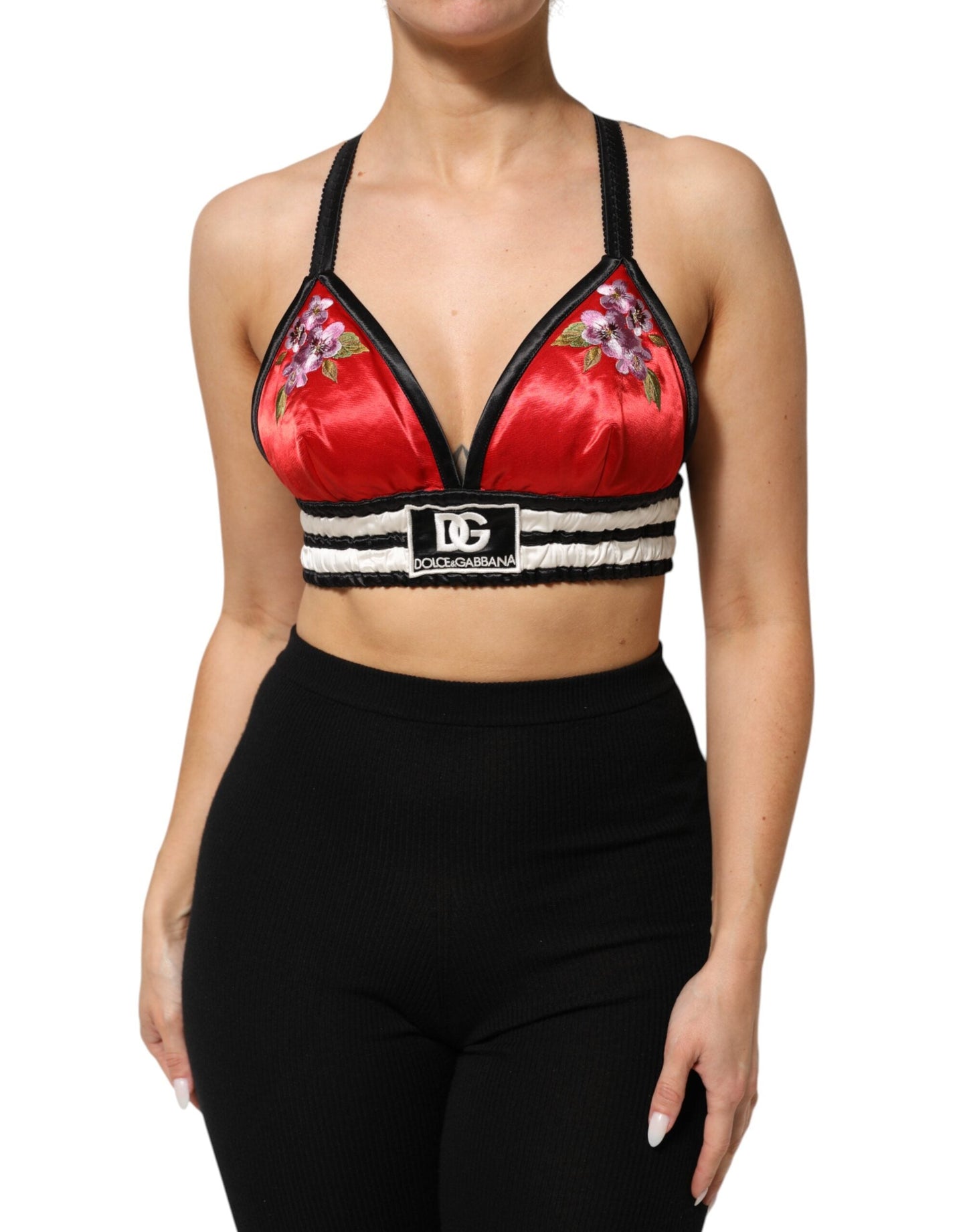 Dolce & Gabbana Red Satin Floral Embroidered Bralette Crop Women's Top
