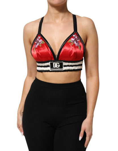 Dolce & Gabbana Red Satin Floral Embroidered Bralette Crop Women's Top