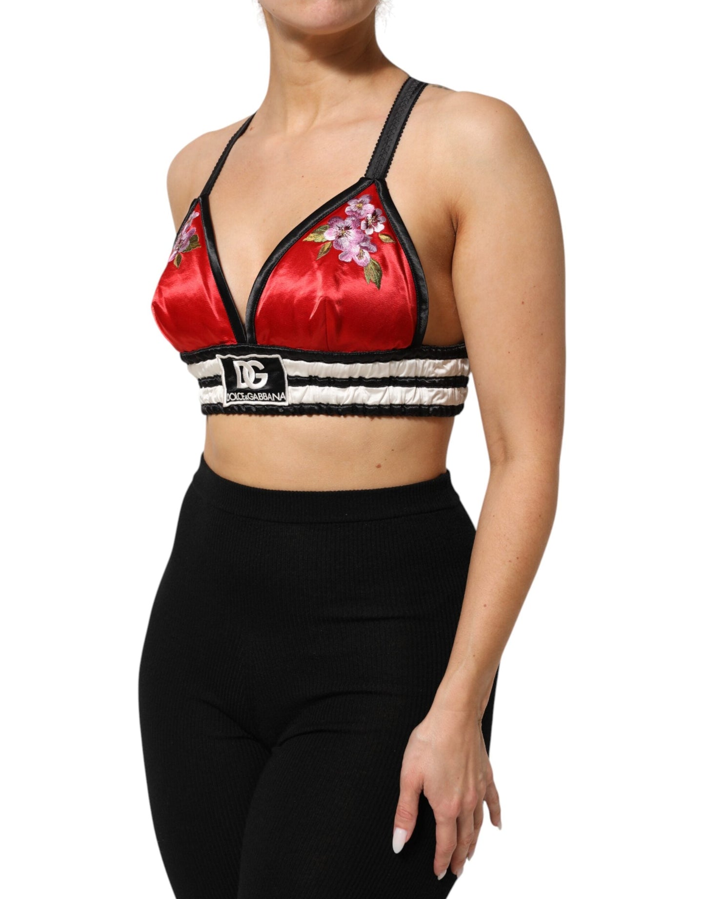 Dolce & Gabbana Red Satin Floral Embroidered Bralette Crop Women's Top