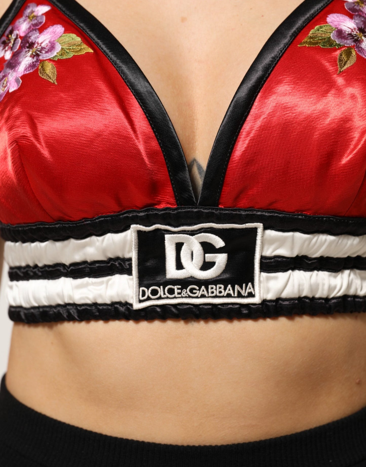 Dolce & Gabbana Red Satin Floral Embroidered Bralette Crop Women's Top