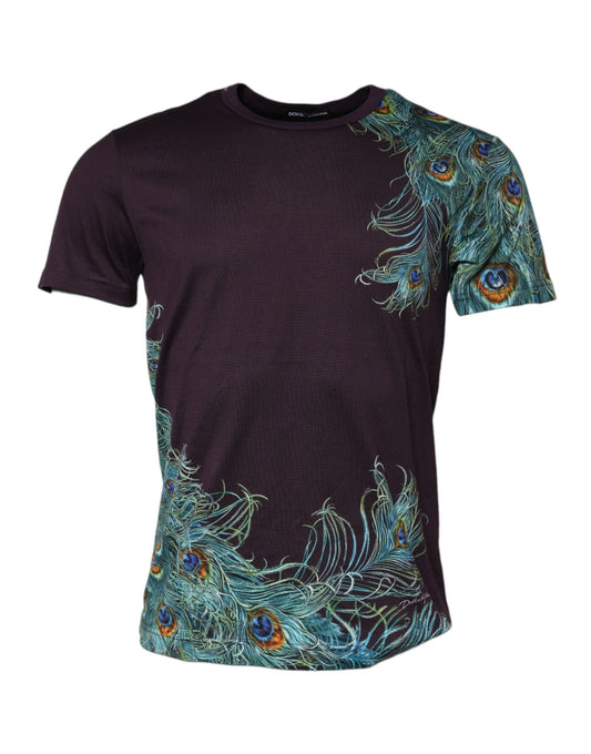 Dolce & Gabbana Violet Peacock Feather Men Crew Neck Men's T-Shirt