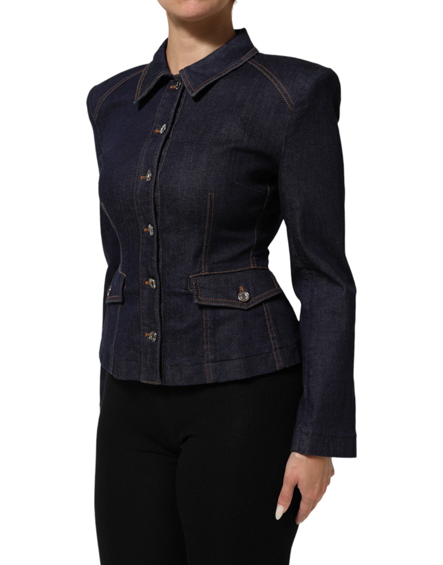 Dolce & Gabbana Dark Blue Cotton Collared Denim Coat Women's Jacket