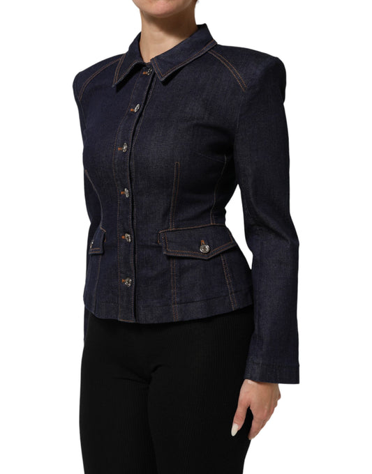 Dolce & Gabbana Dark Blue Cotton Collared Denim Coat Women's Jacket