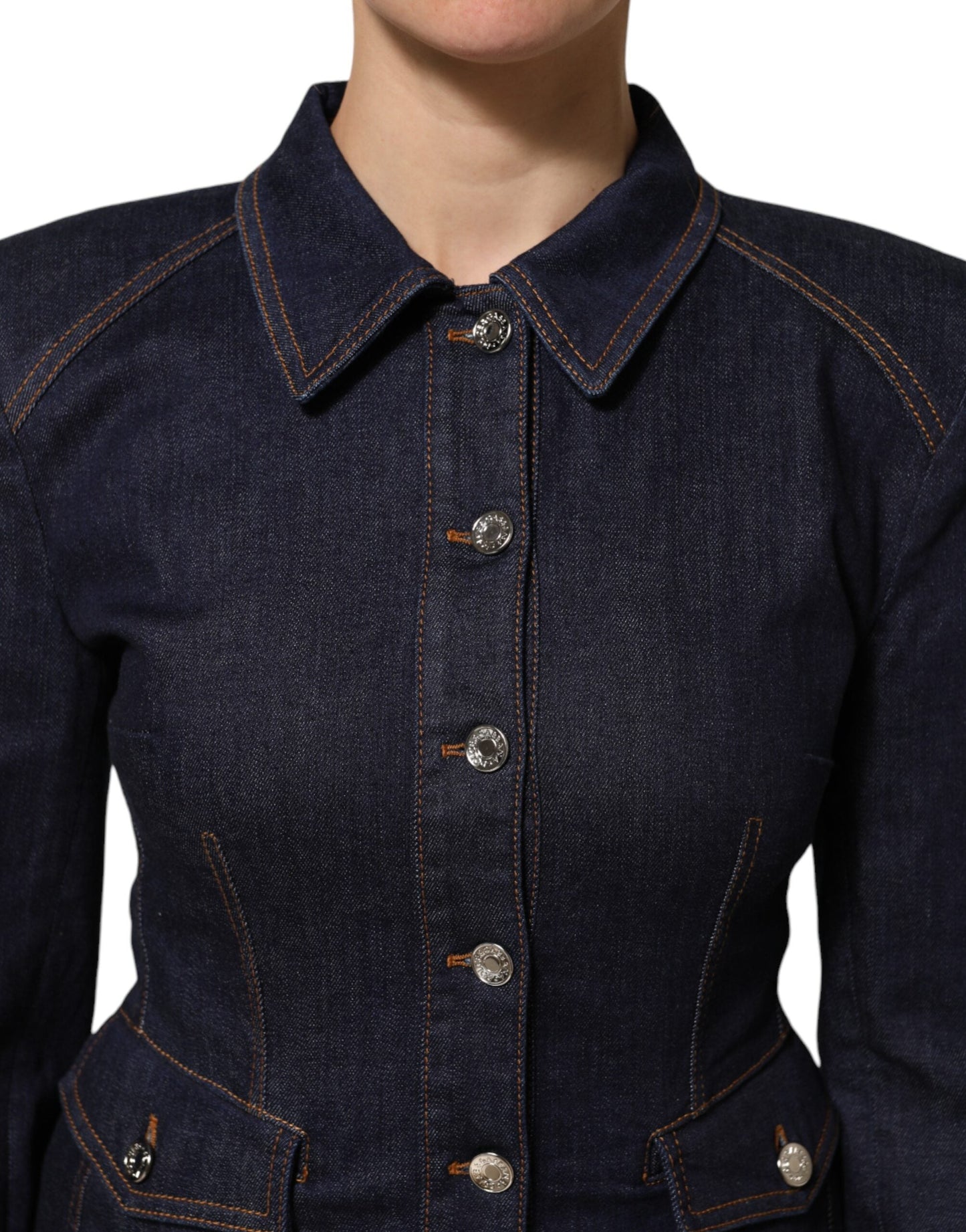 Dolce & Gabbana Dark Blue Cotton Collared Denim Coat Women's Jacket