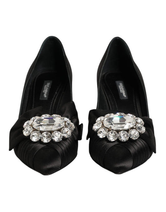 Dolce & Gabbana Black Satin Bow Crystal Embellishment Pumps Women's Shoes