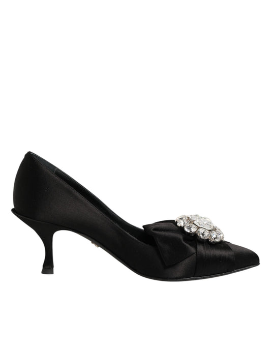 Dolce & Gabbana Black Satin Bow Crystal Embellishment Pumps Women's Shoes