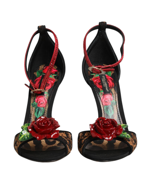 Dolce & Gabbana Brown Leopard Crystal Roses Sandals Women's Shoes