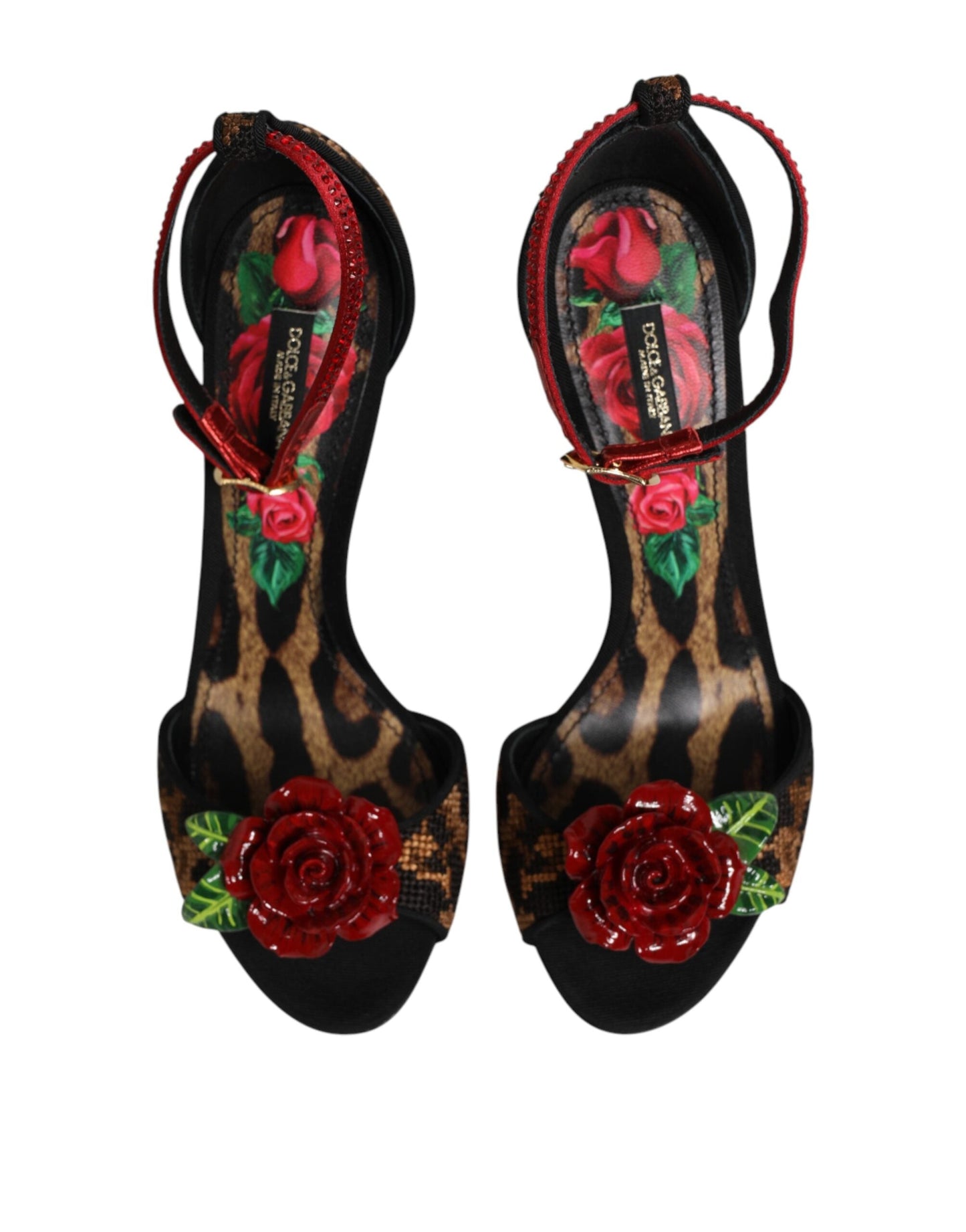 Dolce & Gabbana Brown Leopard Crystal Roses Sandals Women's Shoes