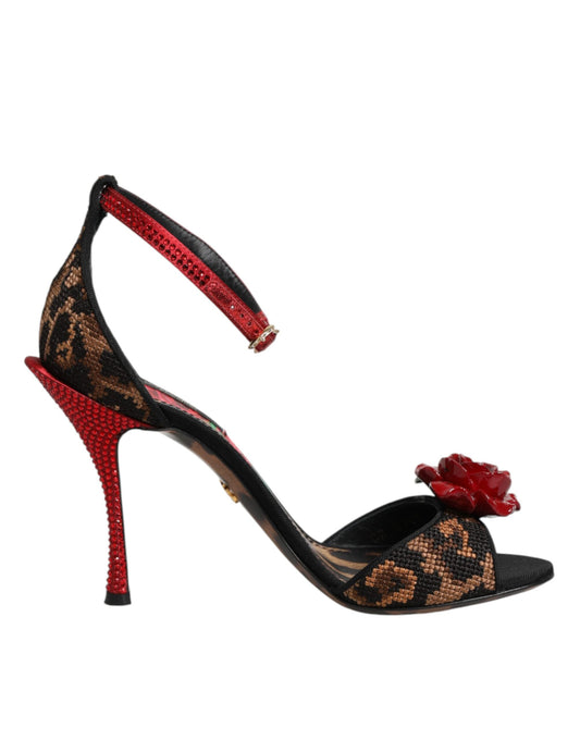 Dolce & Gabbana Brown Leopard Crystal Roses Sandals Women's Shoes