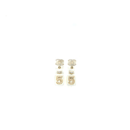 Chanel No.5 Perfume Bottle CC Logo Earrings Light Gold Tone