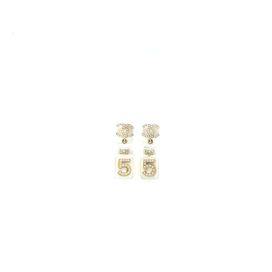 Chanel No.5 Perfume Bottle CC Logo Earrings Light Gold Tone