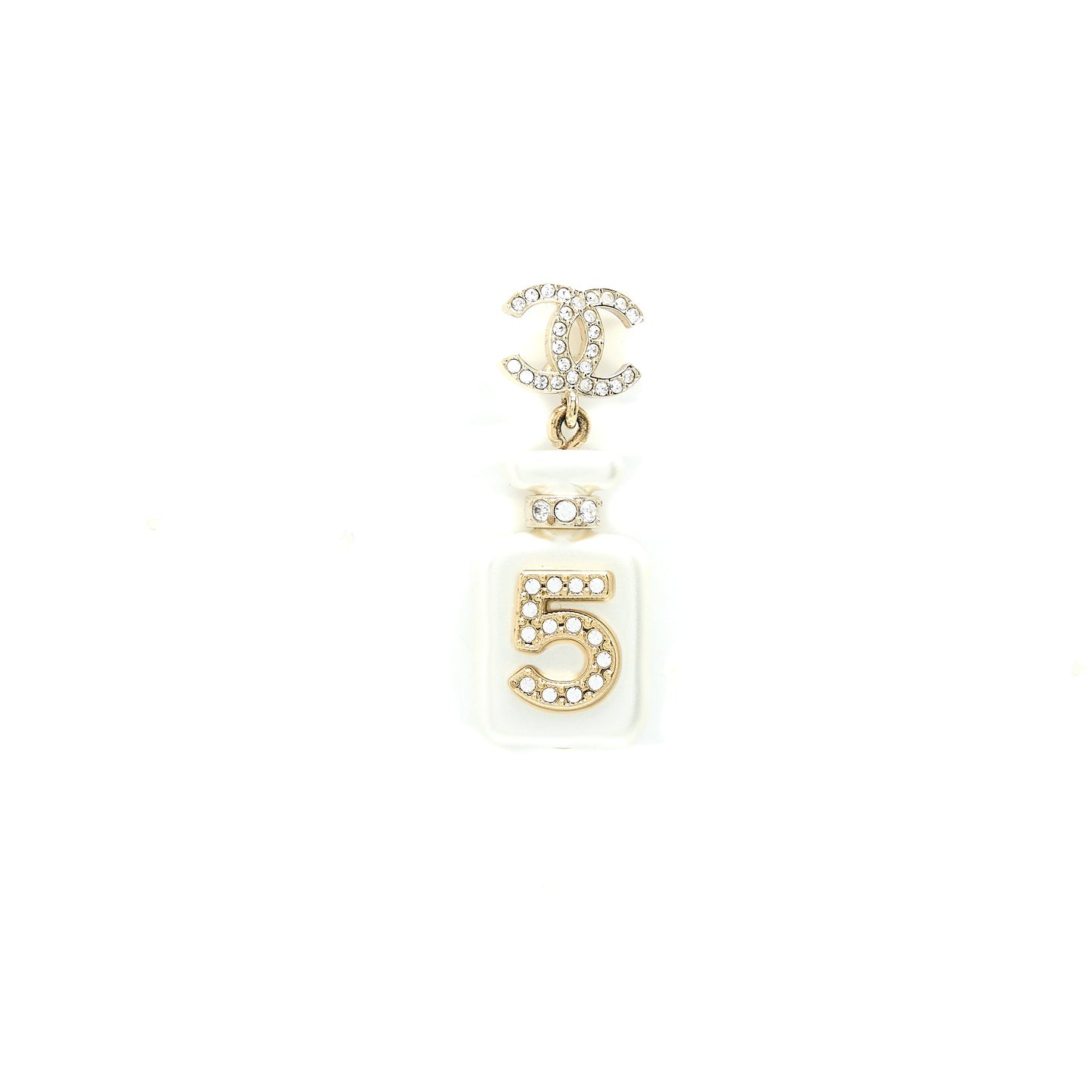 Chanel No.5 Perfume Bottle CC Logo Earrings Light Gold Tone