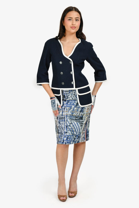 Chanel™ 2016 S/S Runway Blue/Multi Tweed Midi Skirt Size 36 + Matching Gloves