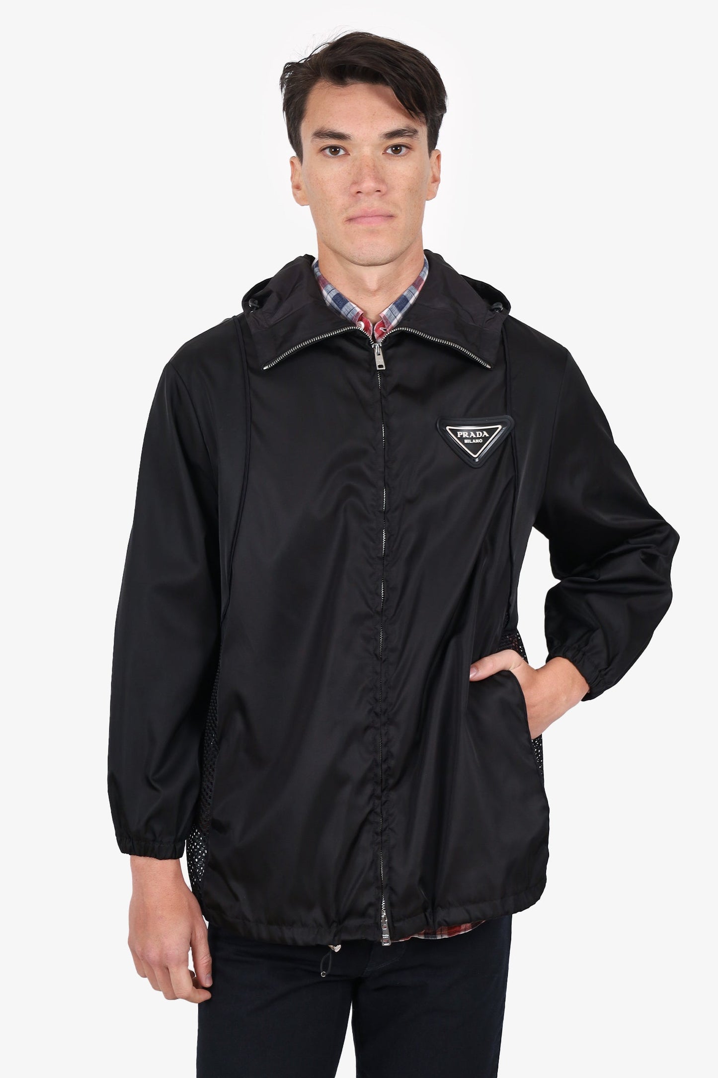 Prada 2020 Black Re-Nylon Zip Up Hooded Coat Size 36 Mens