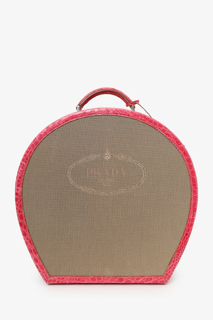 Prada Beige Canvas Pink Crocodile Trim Hat Box