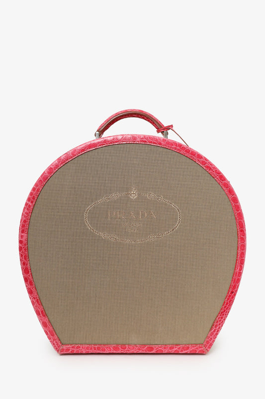 Prada Beige Canvas Pink Crocodile Trim Hat Box