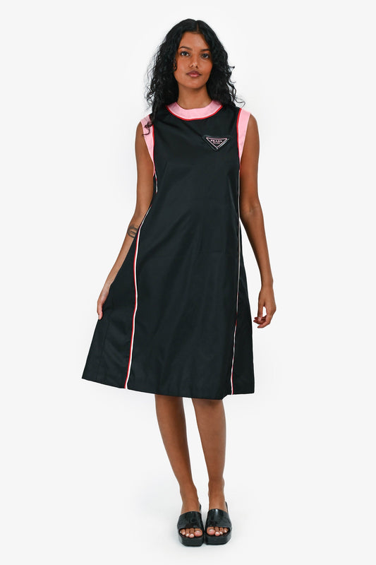 Prada Black/Pink Nylon Sleeveless Triangle Logo Midi Dress Size 38