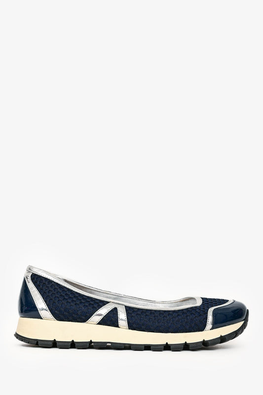 Prada Navy/Silver Metallic Leather Sneaker Pumps Size 41