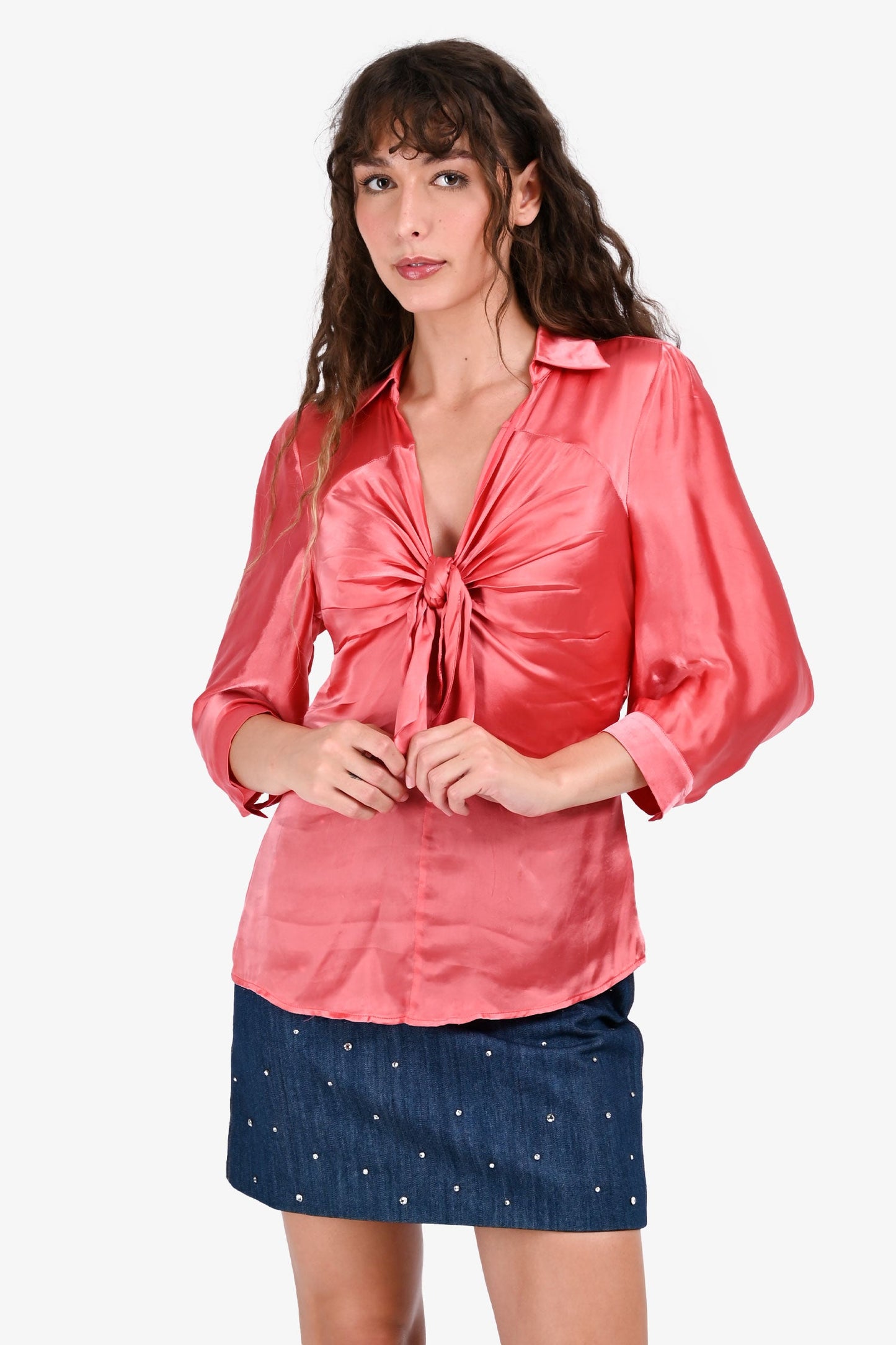 Prada Pink Tie Detail 3/4 Sleeve Top Size 40