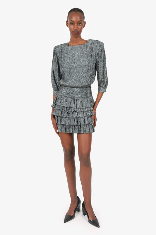 Saint Laurent Silver Metallic Ruffled Tiered Mini Dress Size 38
