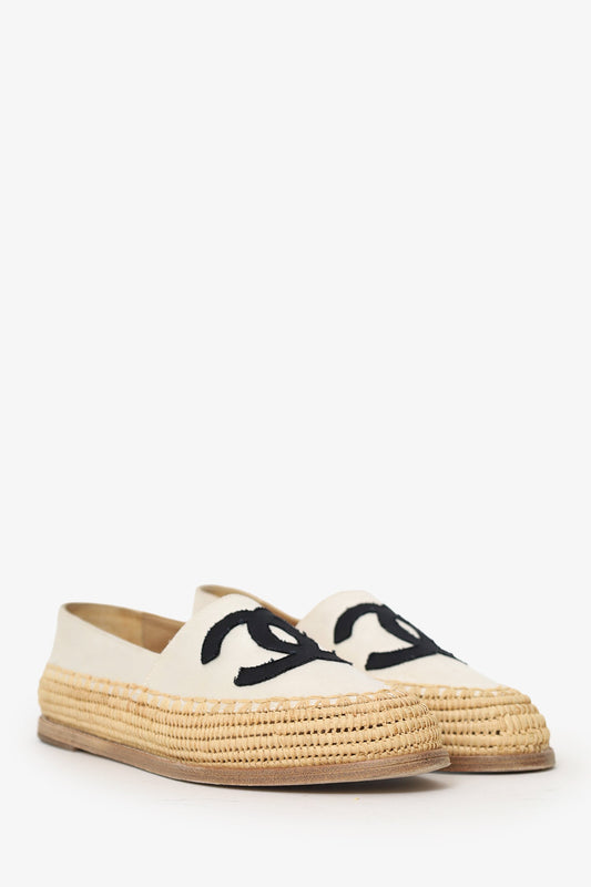 Chanel™ Cream/Black Leather and Fabric CC Raffia Espadrille Flats Size 39