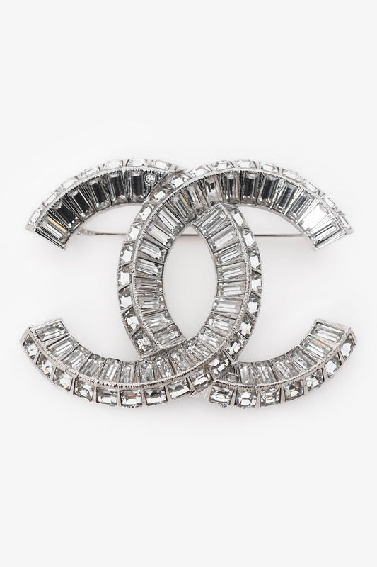 Chanel™ Silver Tone Crystal Embellished CC Brooch