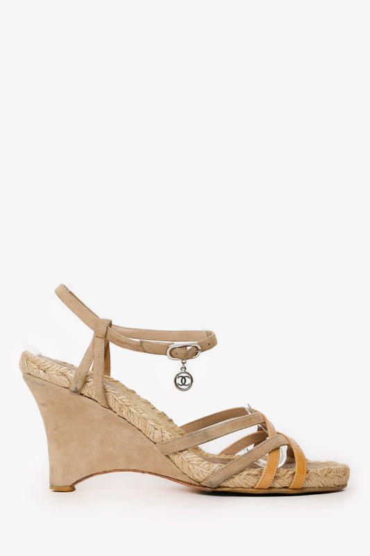 Chanel™ Beige Suede/Patent Espadrille CC Charm Heeled Sandals Size 39